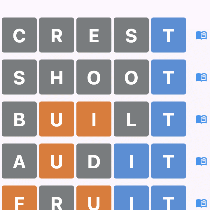 A game in progress using the Red-Green Colourblind scheme: orange tiles mark letters that are in the word but in the wrong place, blue tiles mark letters in the right place, and grey tiles mark letters that are not in the word.